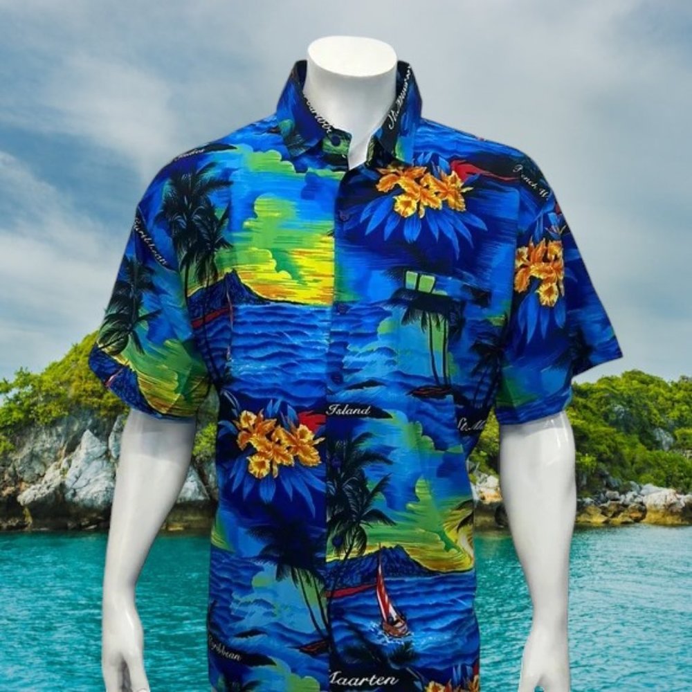 RIMA Blue Multi Color Tropical Hawaiian St Martin Dutch Caribbean Shirt XL